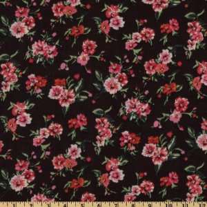  58 Wide Rayon Challis Flowers Black/Pink Fabric By The 