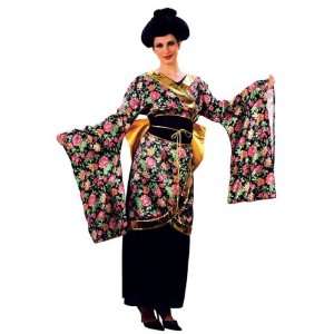  Japanese Kimono Geisha Fancy Dress Costume & Black Wig 