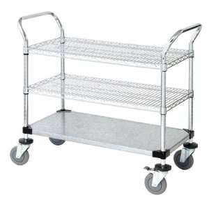Mobile Wire Utility Cart 24 x 48 x 38H, 2 Wire Shelves, 1 Solid Shelf 