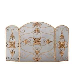  Fireplace Screen Tri Panel Scroll Medallion in New Gold 
