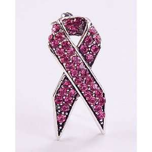Pink Austrian Rhinestone Ribbon Breast Cancer Awareness Silver Tone 