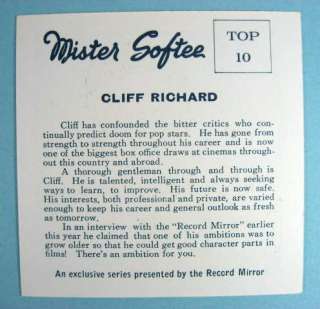 CLIFF RICHARD U.K. 1964 ORIGINAL MISTER SOFTEE CARD  