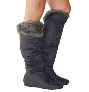 Warm, Soft, Comfy & Stylish Cuff Faux Fur Suede Knee High Flat Boots 