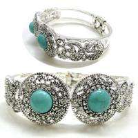 Western Style Turquoise Detailed Hinged Silver Colored Bracelet 