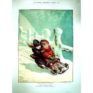   1879 Colour Print Children Sledging Snow Switzerland