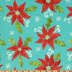  44 Wide Deck The Halls Blooms Teal/Red Fabric By The 