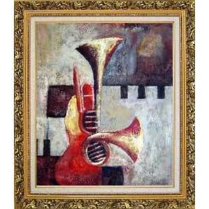  Horn and Guitar Oil Painting, with Ornate Antique Dark 