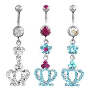 Fuchsia Jeweled Flower with Dangle Crown Belly Ring   14g (1.6mm), 3/8 