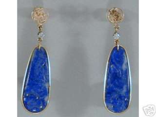 Blue lapis lazuli dangle earrings hanging from 14K yellow gold Chinese 