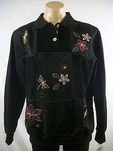 New Womens ALFRED DUNNER Black Collared Embellished Patch Floral 