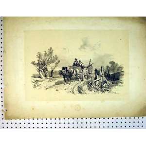   Antique Drawing C1810 Country Scene Shire Horse Cart