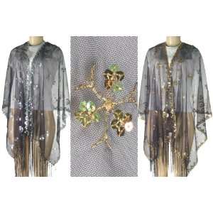    Sheer Mesh Fringed Shawls with Sequin Snowflake Design 