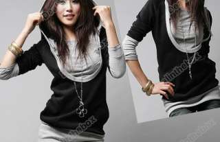 Korea Womens Long Sleeve Cotton tops dress Hoodie coat Black+Gray 