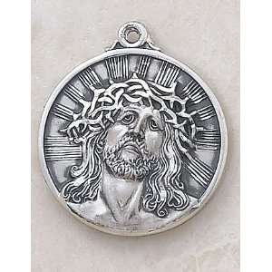 Mens Round Sterling Silver Head of Christ Medal Catholic Jesus Crown 