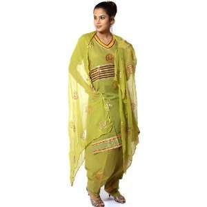  Pear Green Salwar Kameez Fabric with Painted Bootis and 