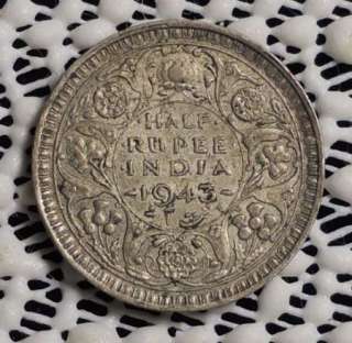1943 BRITISH INDIA 1/2 RUPEE SILVER COIN XF  