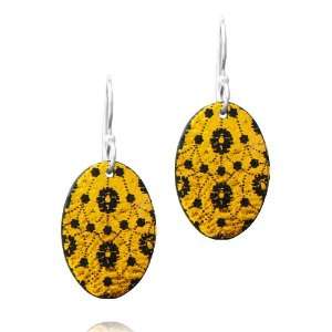   Silver Dichroic Glass Flower Pattern Yellow Oval Earrings Jewelry