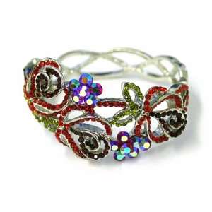   Red & AB Color Crystal Flower Pattern Bangle Bracelet 