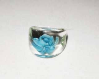 Vintage Lucite Reversed Carved Blue Flower Ring 6258  