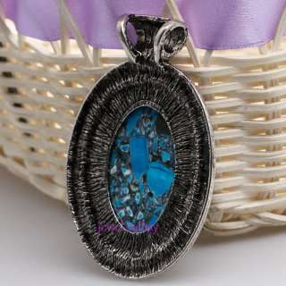 BLUE oval howlite turquoise INLAY bead pendant necklace  