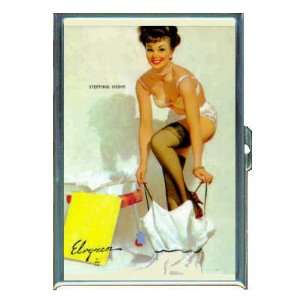 PIN UP BRUNETTE GIRL PUTTING ON DRESS ID CREDIT CARD WALLET CIGARETTE 