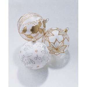  4 White with Fancy Star Design Glass Ball Christmas 