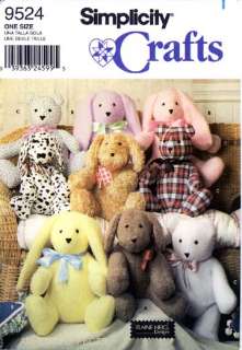   Pattern 9524 2 pattern piece Stuffed Animals dog bear rabbit sewing