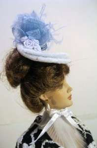 Doll Hats by Peggy shows Baby Blue a OOAK Fascinator Doll Hat on my 
