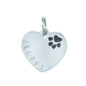   Silver HEART W/ ENAMEL PAW PRINT AND FLUFFY NAME DOG Charm Jewelry