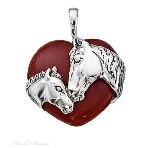 Sterling Silver Horse Foal Red Agate Heart Pendant 