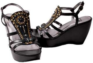 Gianni Bini Womens Shoes Nutty or Black Leather Sun Rise Wedge Heel 