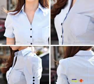 2012 Women Short Puff Sleeve Slim Fit Cotton OL Blouse Shirt Top 