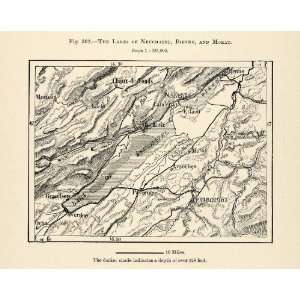  1882 Steel Engraving Map Lake Neuchatel Bienne Morat 