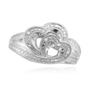    925 Sterling Silver Two Hearts Milgrain Diamond Ring Jewelry