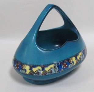 Blue Art Deco Basket Vase with A Paisley Border Made in Czechoslovakia 