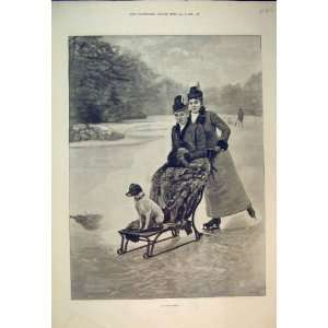 1892 Winter Scene Ice Skating Women Dog Comedy Print 