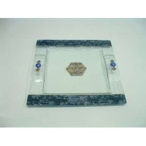  Lily Art Square Glass Matzah Plate with Blue Pendant 