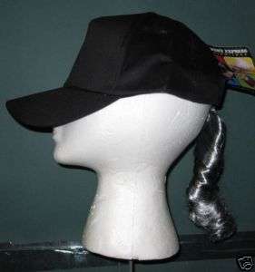 Black Ball Cap with Grey Long Hair Pony Tail FUNNY HAT  