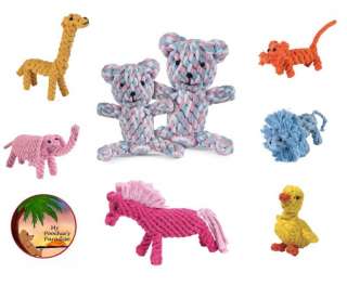 wild array of forest & jungle animal themed rope toys for dogs.