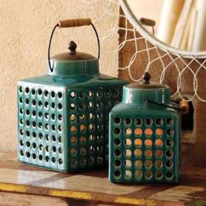 Square Ceramic Turquoise Lanterns   Set of 2 