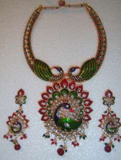   PEACOCK enamel Kundan gold tone Necklace PENDANT Earring CHOKER set