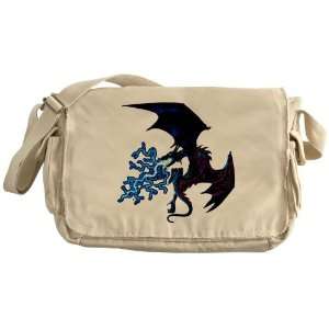  Khaki Messenger Bag Blue Dragon with Lightning Flames 