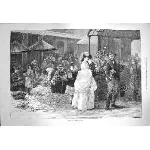  1872 Spring Covent Garden Flower Market Scene Old Print 