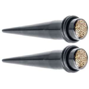   0G Black Acrylic Expander Leopard Logo Stretcher Taper Plugs Jewelry