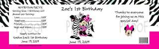 Birthday Minnie Mouse Zebra Pink WATER BOTTLE LABELs  