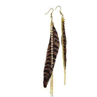 Long Brown Cheetah Print Dangle Feather Earrings, 5 1/2 Inches Long 