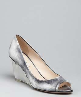 Prada grey faded patent leather peep toe wedges