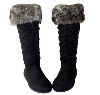 Warm, Soft, Comfy & Stylish Cuff Faux Fur Suede Knee High Flat Boots 