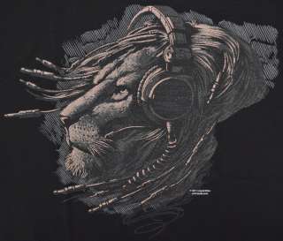 Music Stuff Plugged In T Shirt Black Lion Headphone Wire Bob Marley 