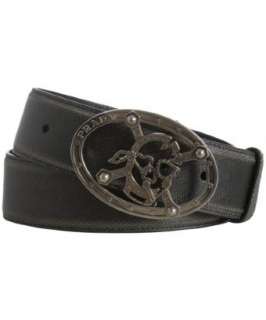 Prada smoke crosshatched leather Skull buckle belt   up to 